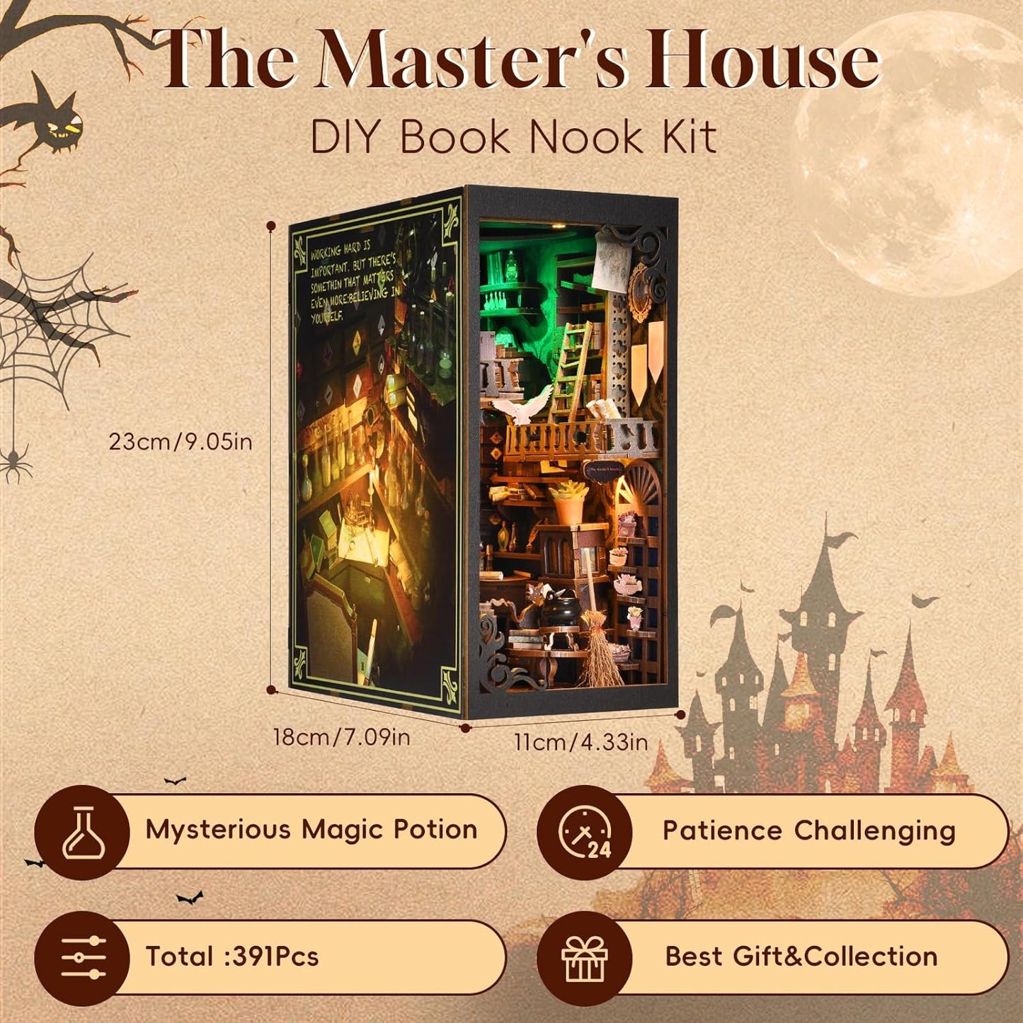 Fiche produit du kit DIY Book Nook 'The Master's House' indiquant les dimensions (23x18x11 cm), le nombre de pièces (391 pcs) et les caractéristiques thématiques sur fond de paysage de château magique.