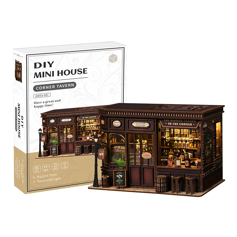 Image présentant les caractéristiques du kit miniature « The Hidden Tavern » : pour les 14 ans et plus, 327 pièces, 3 à 4 heures de montage, niveau de difficulté 3 étoiles, avec éclairage doux et interrupteur tactile.