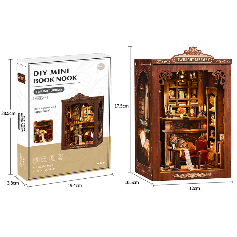Kit DIY Book Nook Twilight Library : boîte de rangement et dimensions du puzzle 3D assemblé (17.5 x 12 x 10.5 cm). Miniature décorative de bibliothèque ancienne avec éclairage LED.