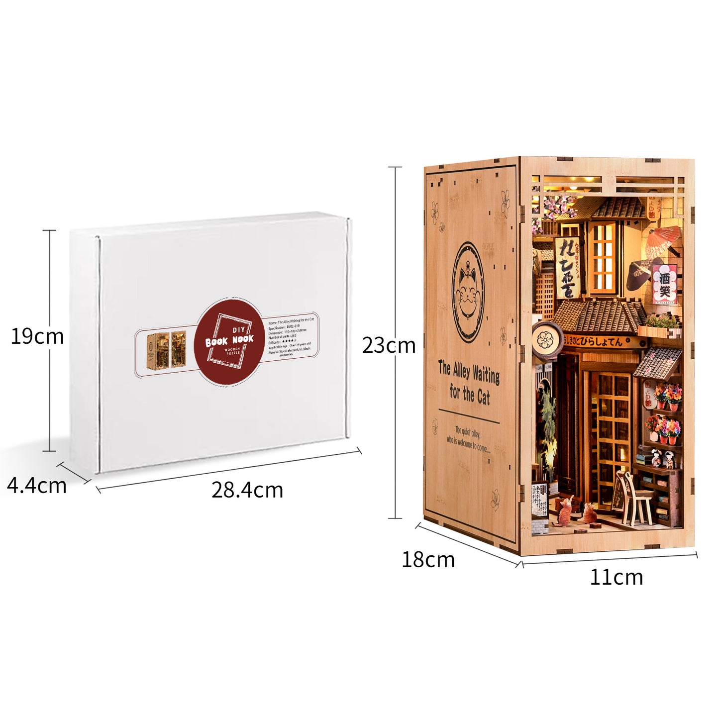 Caractéristiques du serre-livres miniature Mysterious Blue Box : kit de construction en bois de 368 pièces, dimensions 18x13x24 cm, puzzle 3D thématique science-fiction pour adultes et débutants.