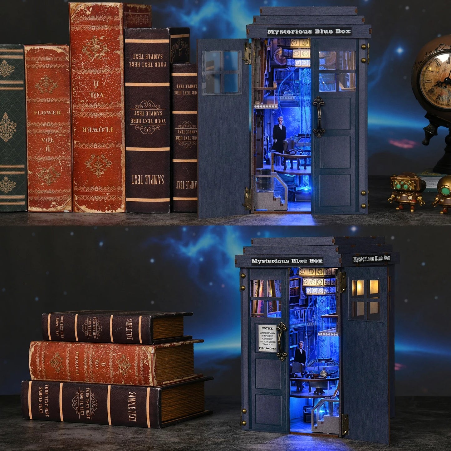 Kit DIY Book Nook en bois "Mysterious Blue Box" avec éclairage LED bleu, puzzle 3D miniature inspiré d'une cabine de police spatio-temporelle, décor de bibliothèque avec figurines et interrupteur tactile.