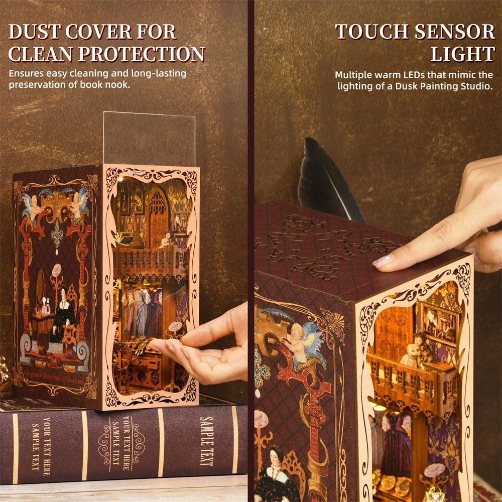 Gros plan sur les détails d'un Book Nook DIY : mobilier miniature en bois, robes de bal d'époque, bijoux de duchesse et sol en mosaïque vintage avec éclairage LED