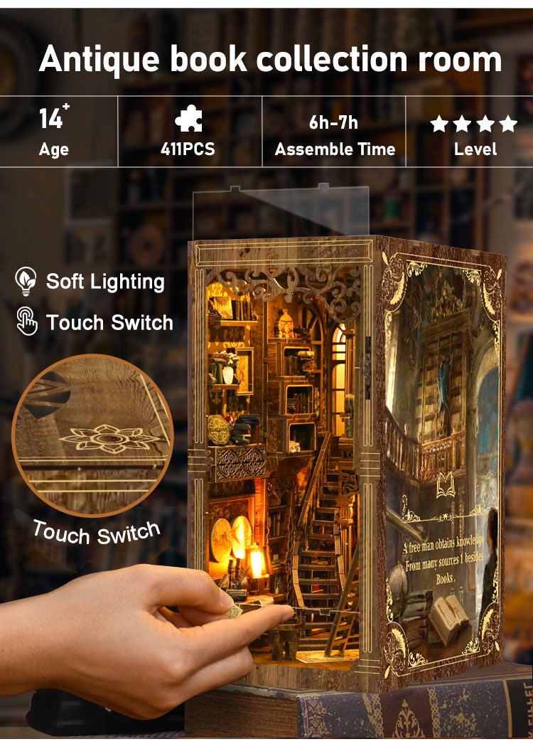 Caractéristiques du kit Book Nook Ancient Book Room : 411 pièces, temps de montage 6-7h, interrupteur tactile et éclairage LED doux.