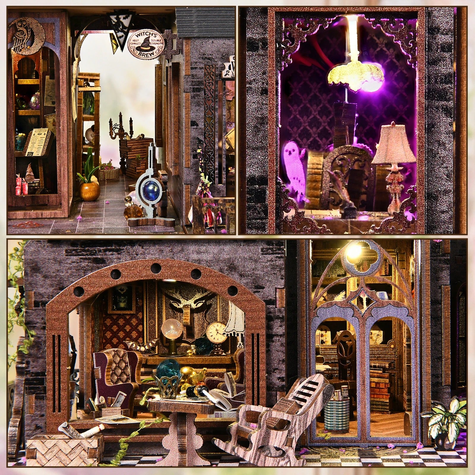 Maquette Magic Castle avec port Type-C, interrupteur à capteur sensoriel, boîte à musique intégrée et éclairage LED violet.