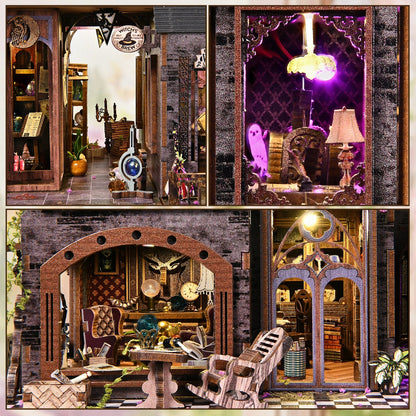Maquette Magic Castle avec port Type-C, interrupteur à capteur sensoriel, boîte à musique intégrée et éclairage LED violet.