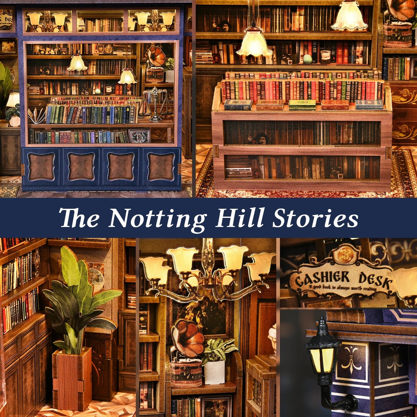 Montage photo des détails du kit de modélisme The Notting Hill Stories. La vue présente l'aménagement intérieur d'une librairie miniature avec ses bibliothèques, son lustre éclairé, ses lanternes extérieures et ses accessoires de décoration rétro.