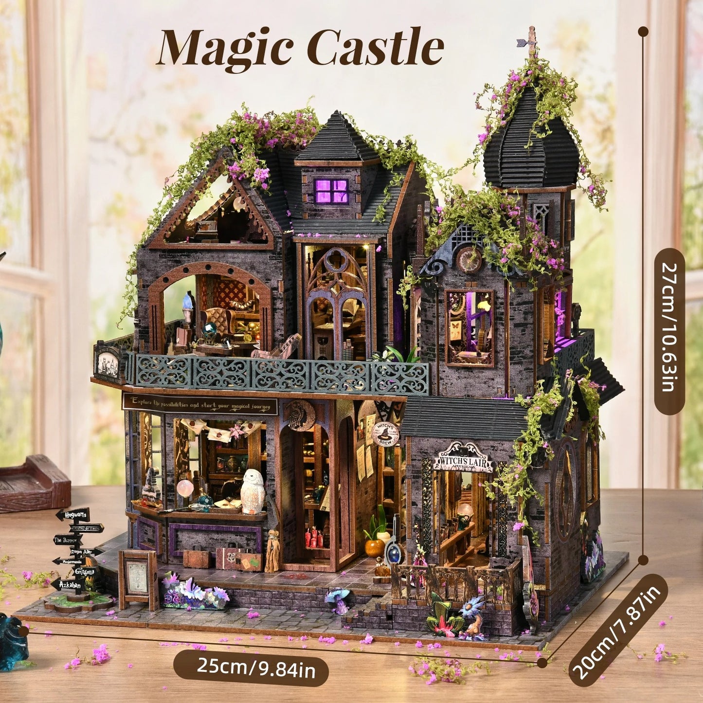 Dimensions du kit miniature Magic Castle (25x20x27cm) : manoir de sorcellerie en bois avec éclairage LED et détails fantastiques.