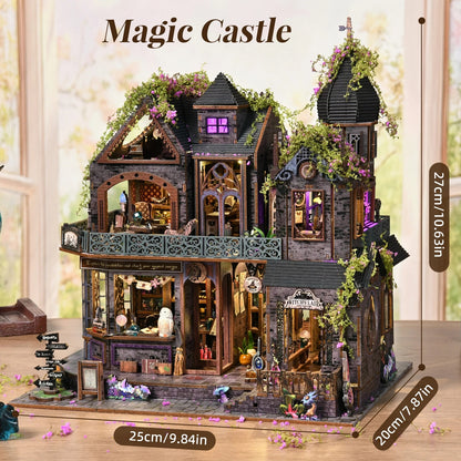 Dimensions du kit miniature Magic Castle (25x20x27cm) : manoir de sorcellerie en bois avec éclairage LED et détails fantastiques.