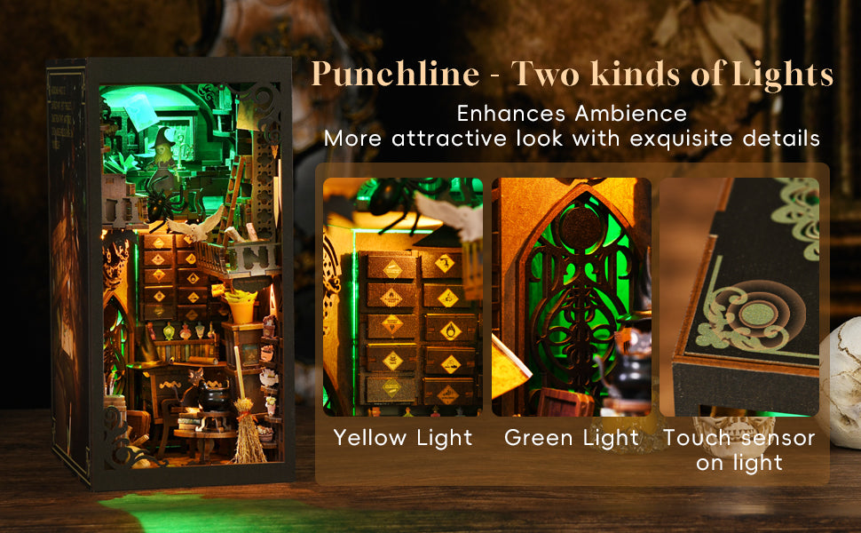 Détails des fonctionnalités du Book Nook 'The Master's House' avec zoom sur l'éclairage double (LED jaune et verte) et le capteur tactile sur le dessus du serre-livres.