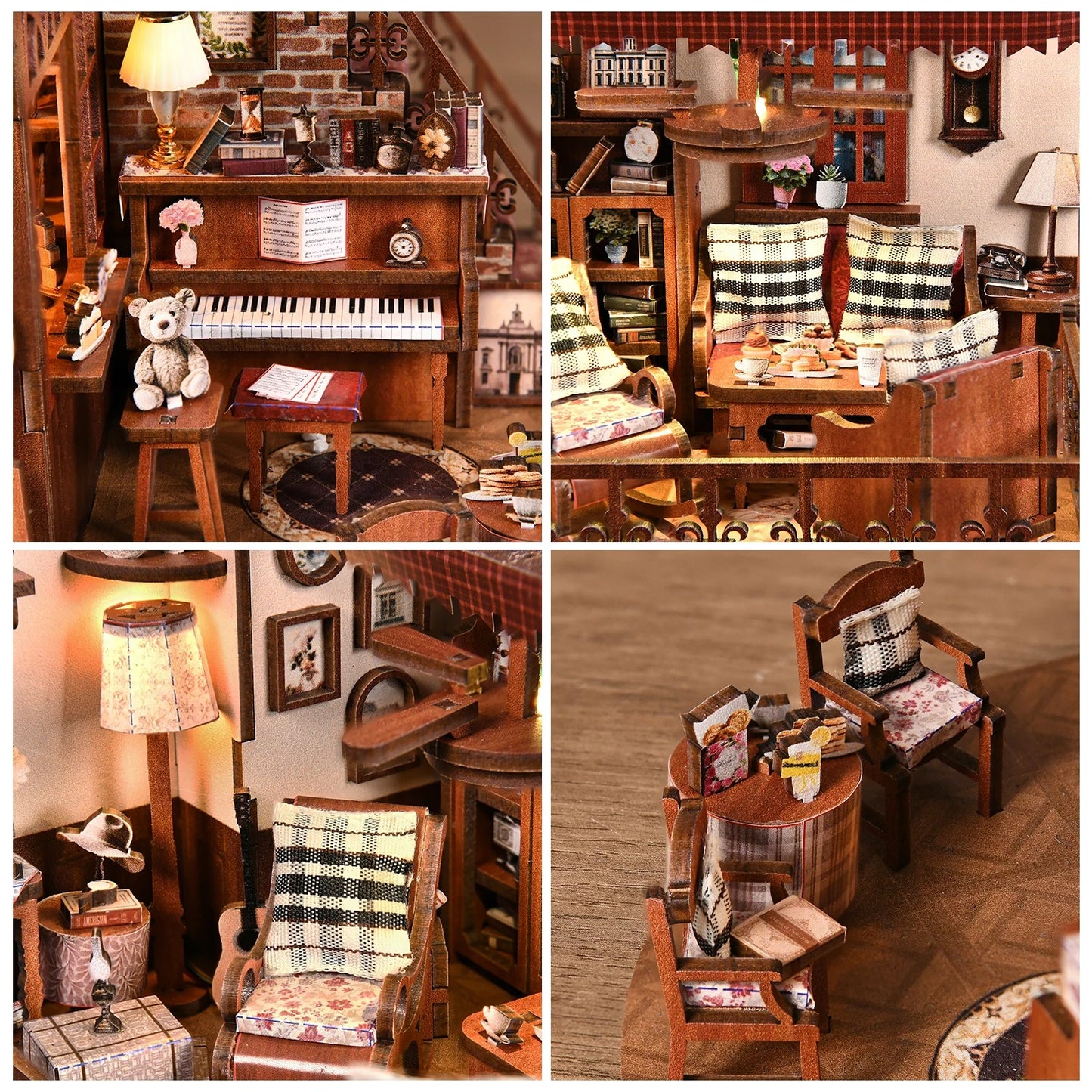 Détail d'un piano miniature en bois avec partitions, ours en peluche et étagères de livres.