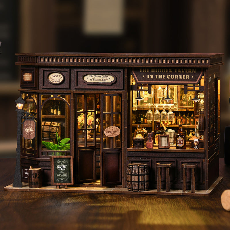 Maquette miniature en bois de style vintage représentant une taverne et une cave à vin avec éclairage LED intégré, kit DIY serre-livres (book nook) décoratif.