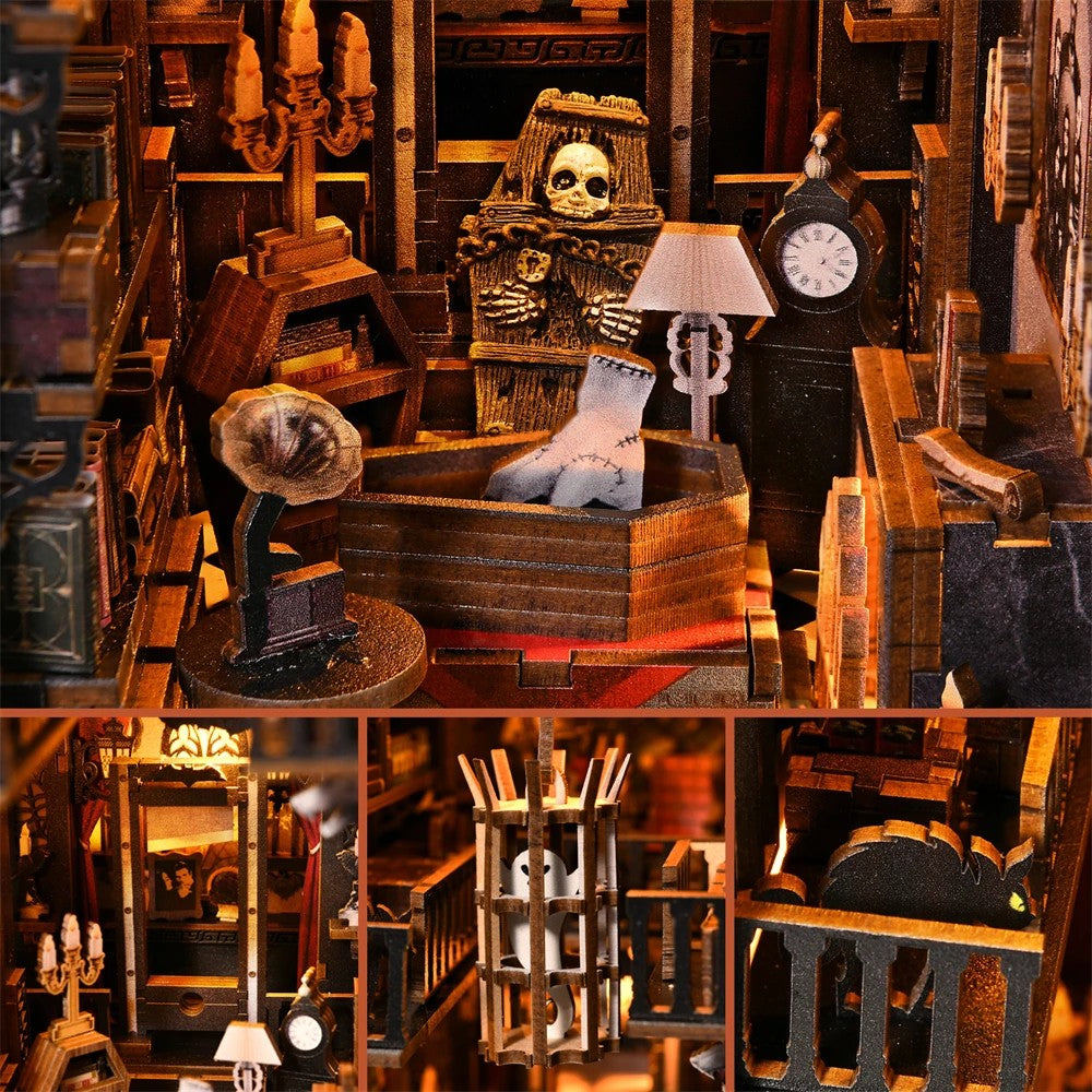 Diorama book nook miniature en bois DIY thème manoir hanté avec détails de cercueil, fantôme en cage et guillotine
