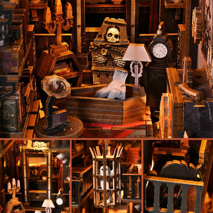 Diorama book nook miniature en bois DIY thème manoir hanté avec détails de cercueil, fantôme en cage et guillotine