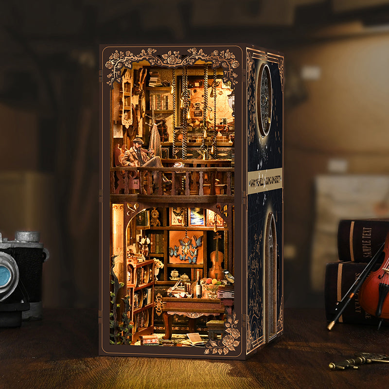 Maquette Book Nook détective en bois avec éclairage LED, serre-livres miniature DIY représentant un bureau d'enquêteur vintage à deux étages.