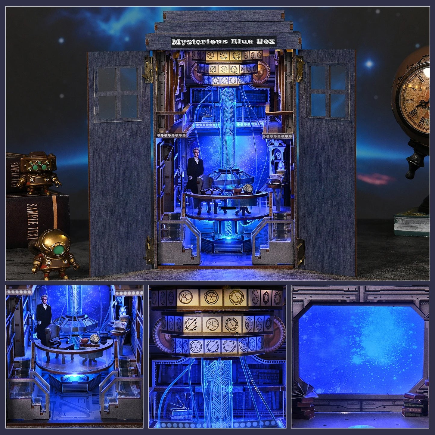 Book Nook DIY en bois Mysterious Blue Box avec éclairage LED bleu, kit de bibliothèque miniature inspiré d'une cabine de police spatio-temporelle, puzzle 3D avec figurines et interrupteur tactile.