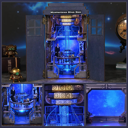 Book Nook DIY en bois Mysterious Blue Box avec éclairage LED bleu, kit de bibliothèque miniature inspiré d'une cabine de police spatio-temporelle, puzzle 3D avec figurines et interrupteur tactile.