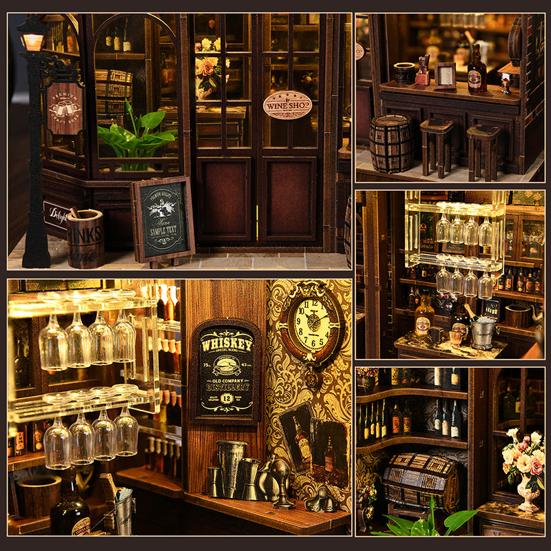 Maquette miniature en bois d'une taverne vintage illuminée par LED, kit DIY "The Hidden Tavern" avec vitrines détaillées, bouteilles de vin et décoration rétro pour bibliothèqu