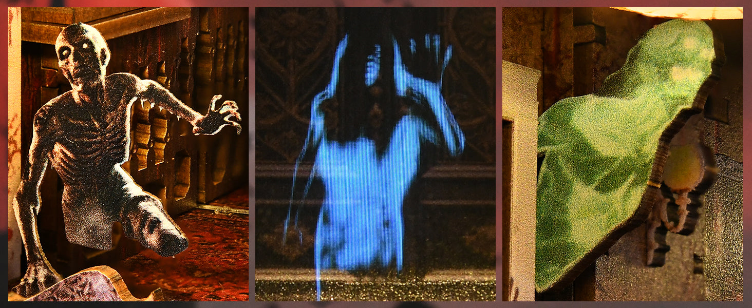 Triptyque de figurines miniatures d'horreur montrant un zombie décharné, un spectre bleu translucide de style VHS et une silhouette fantomatique verte.