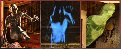 Triptyque de figurines miniatures d'horreur montrant un zombie décharné, un spectre bleu translucide de style VHS et une silhouette fantomatique verte.