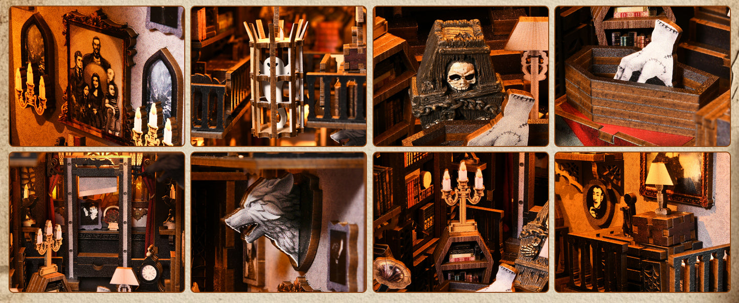 Détails d'un book nook manoir hanté en bois avec guillotine miniature, fantôme en cage, cercueil et main coupée