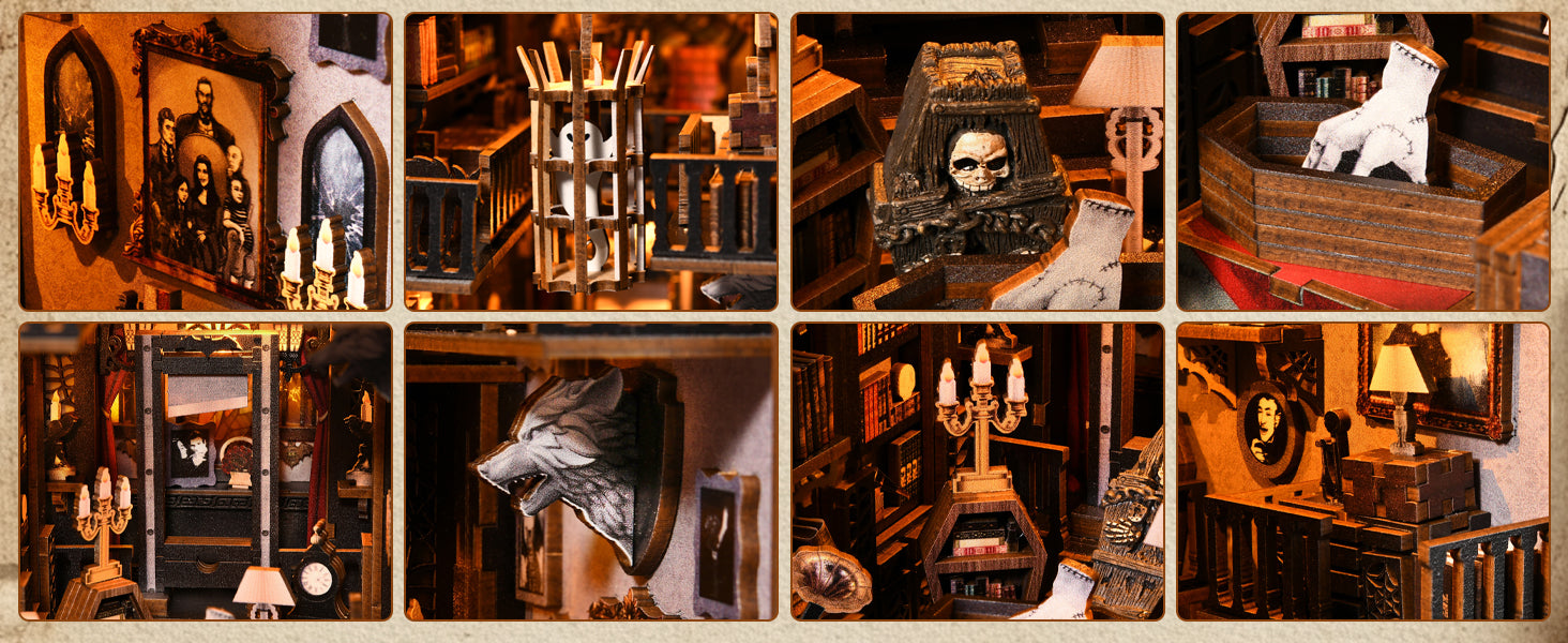 Détails d'un book nook manoir hanté en bois avec guillotine miniature, fantôme en cage, cercueil et main coupée