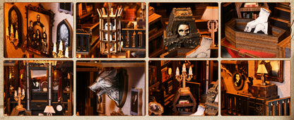 Détails d'un book nook manoir hanté en bois avec guillotine miniature, fantôme en cage, cercueil et main coupée