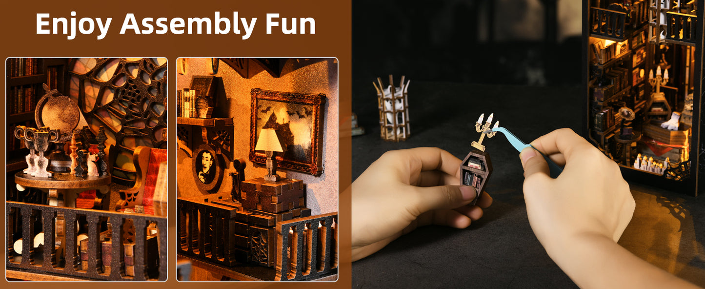 Montage photo d'un puzzle 3D bois manoir hanté avec guillotine, fantôme en cage et main de la famille Addams dans un cercueil.