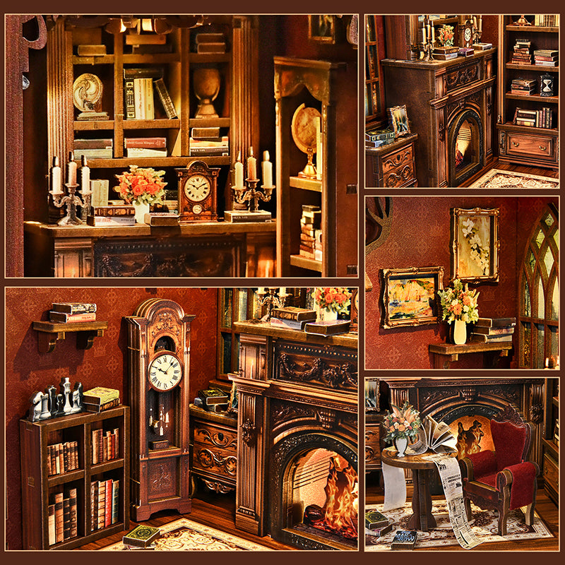 Détails intérieurs du Book Nook Twilight Library : gros plan sur la cheminée lumineuse, l'horloge de parquet, les tableaux miniatures et le fauteuil rouge rétro.