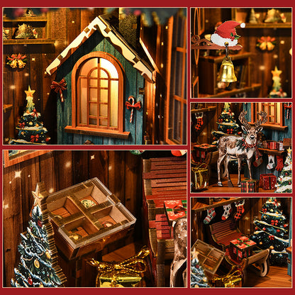 Maquette miniature en bois sur le thème de Noël : maison illuminée, sapin décoré, renne et cadeaux. Kit de loisirs créatifs DIY décoration de fêtes