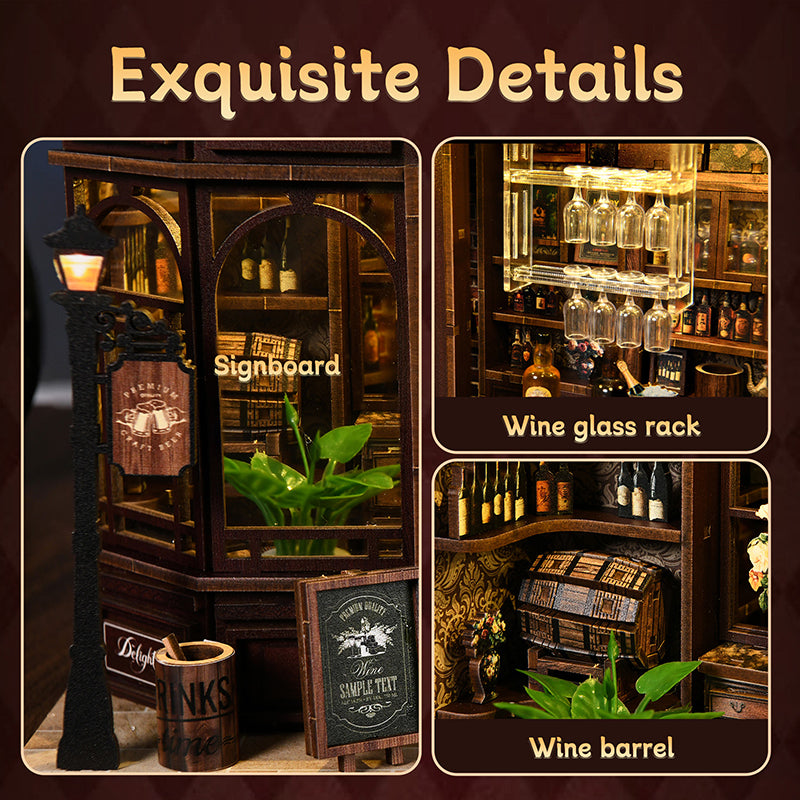Montage photo intitulé « Exquisite Details » présentant trois gros plans d'une maison miniature de style pub vintage : une vitrine avec l'inscription « Signboard », un porte-verres à vin suspendu et un tonneau de vin en bois.