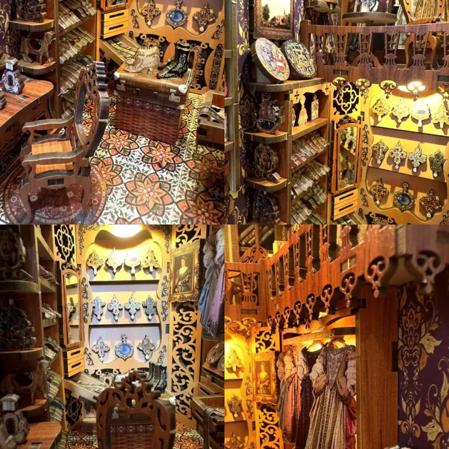 Détails intérieurs d'un kit Book Nook miniature : mobilier en bois découpé au laser, garde-robe victorienne, bijoux miniatures et tapisseries baroques avec éclairage chaleureux.