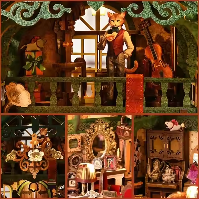 Détails du kit Cat Affairs Bureau : figurine de chat anthropomorphe buvant du thé, violoncelle miniature, miroir baroque doré et vaisselle de maison de poupée vintage.