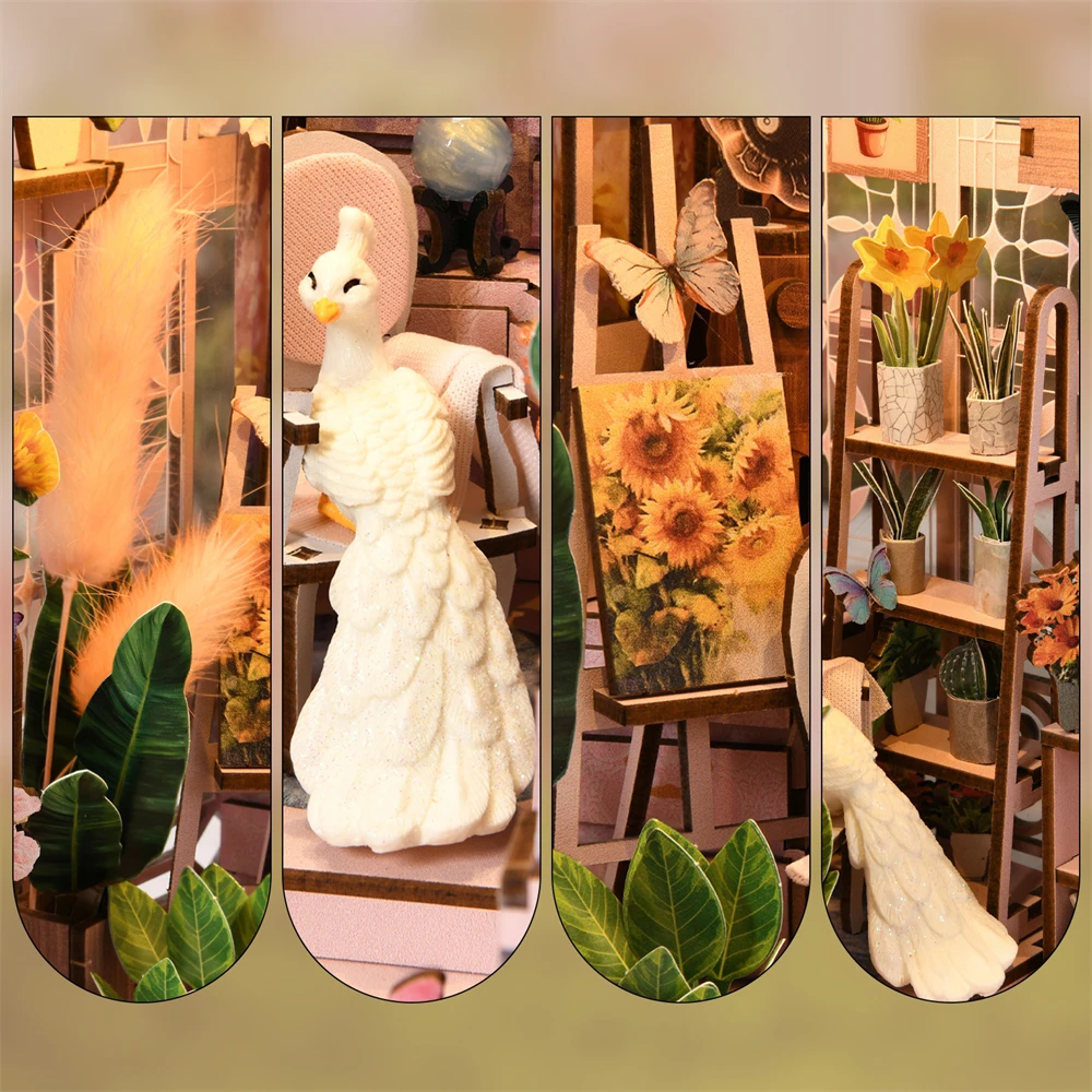 Détails de la maquette 'Mini Greenhouse' : gros plan sur un paon blanc miniature, une peinture de tournesols sur chevalet, des étagères de plantes en pot et des papillons décoratifs.