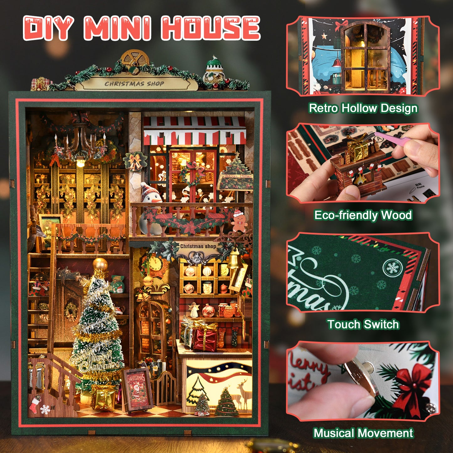 "Maquette DIY Book Nook 'Christmas Shop' en bois représentant une boutique de Noël chaleureuse. L'intérieur comprend un sapin enneigé scintillant avec une étoile dorée, un bonhomme de neige sur un balcon décoré, des cadeaux miniatures et un éclairage LED jaune créant une ambiance de village de Noël magique."