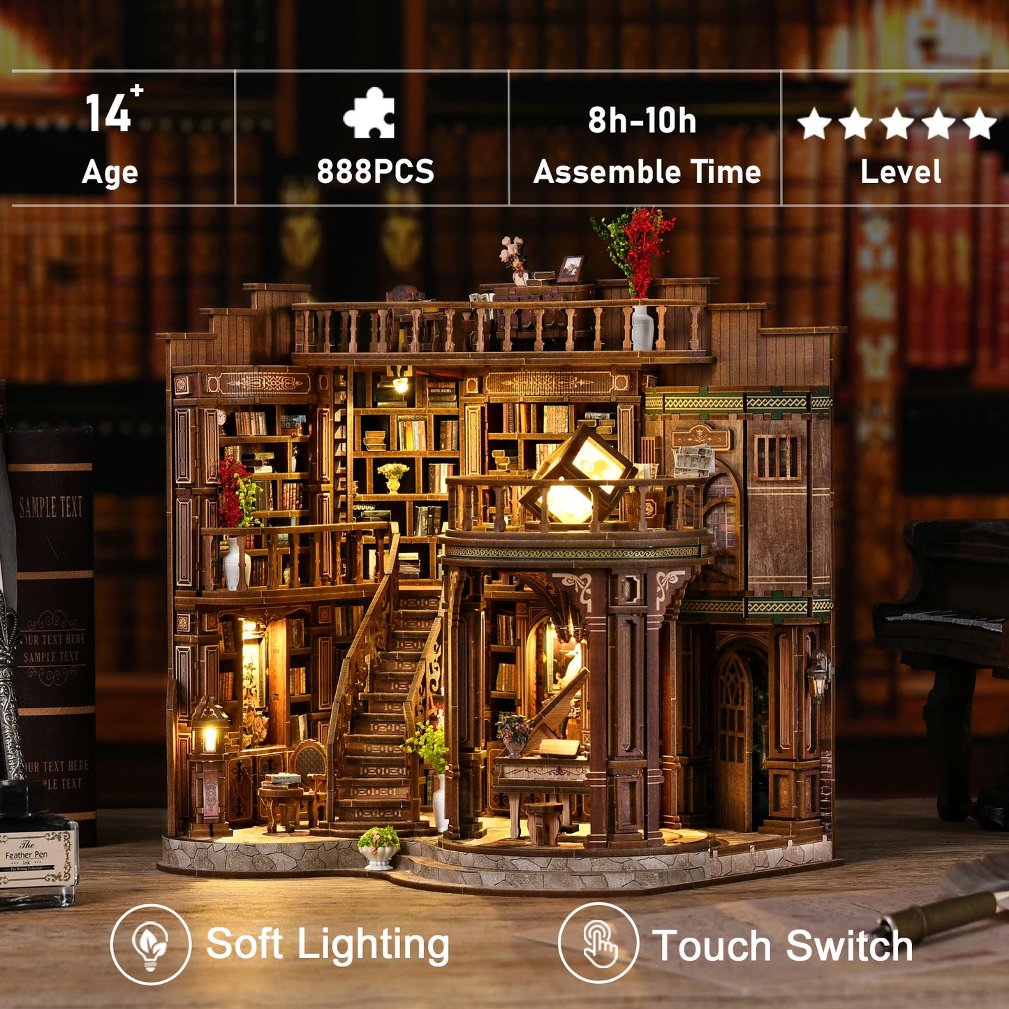 Kit de construction Dreamy Book Hall : puzzle 3D bois de 888 pièces pour adultes (14+), temps de montage 8-10h. Serre-livres bibliothèque miniature avec éclairage LED doux et interrupteur tactile