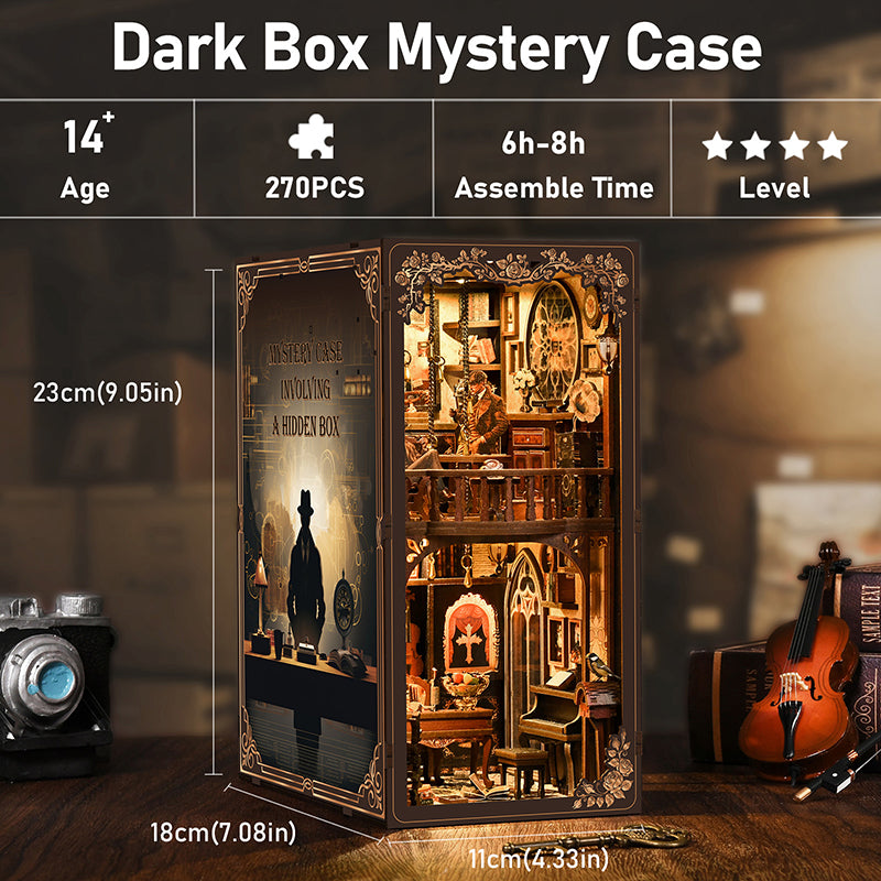 Kit de construction Book Nook "Dark Box Mystery Case" de 270 pièces, serre-livres miniature DIY avec éclairage LED, dimensions 23x18x11 cm, niveau de difficulté 4 étoiles.