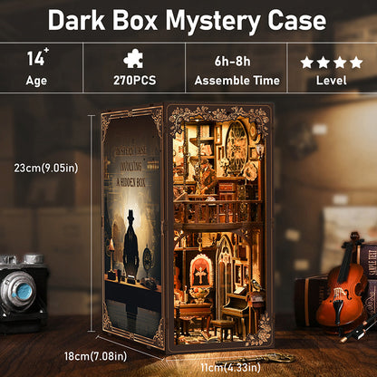 Kit de construction Book Nook "Dark Box Mystery Case" de 270 pièces, serre-livres miniature DIY avec éclairage LED, dimensions 23x18x11 cm, niveau de difficulté 4 étoiles.