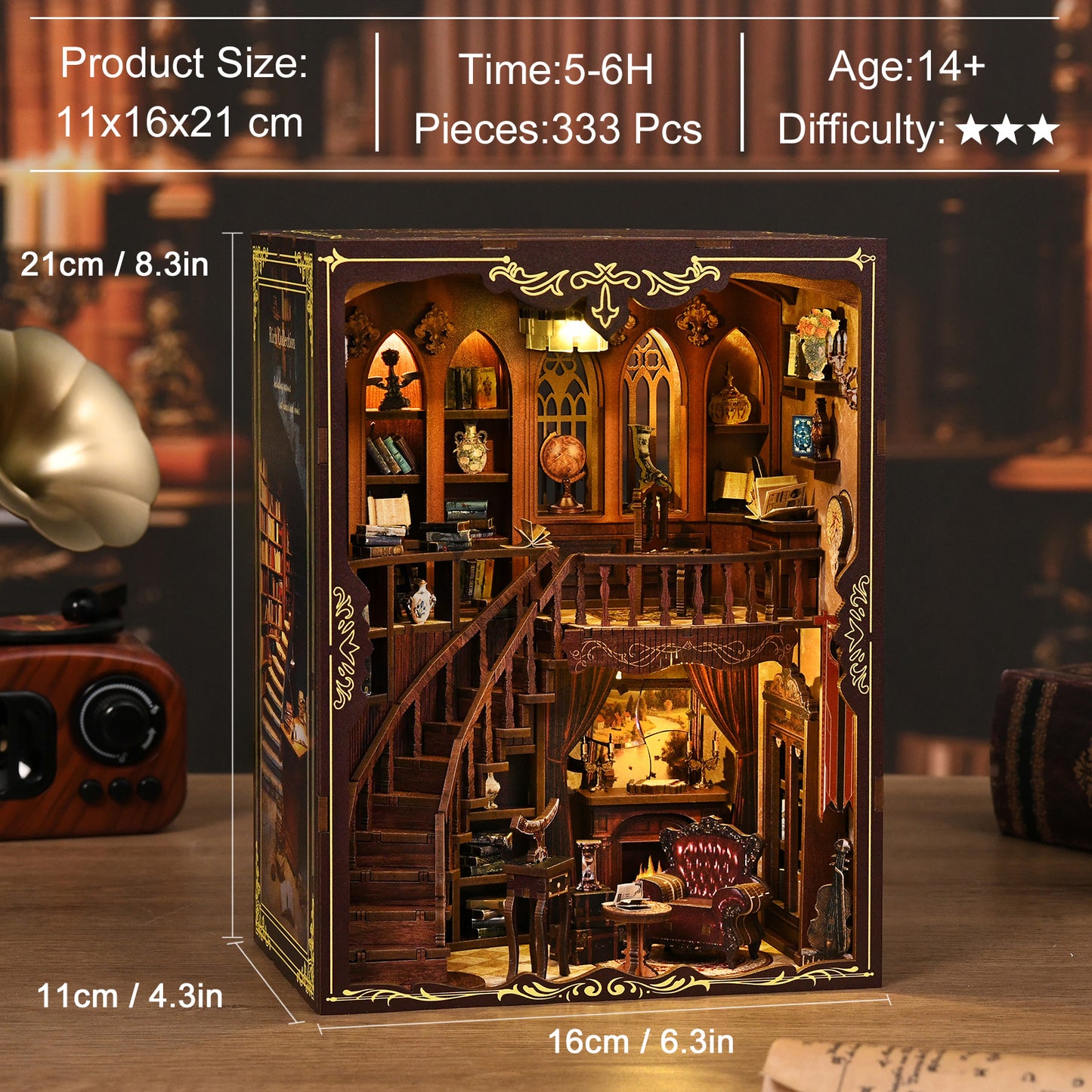 Kit DIY Book Nook Ancient Rhyme Library : bibliothèque miniature illuminée avec fauteuil rouge et étagères de livres.