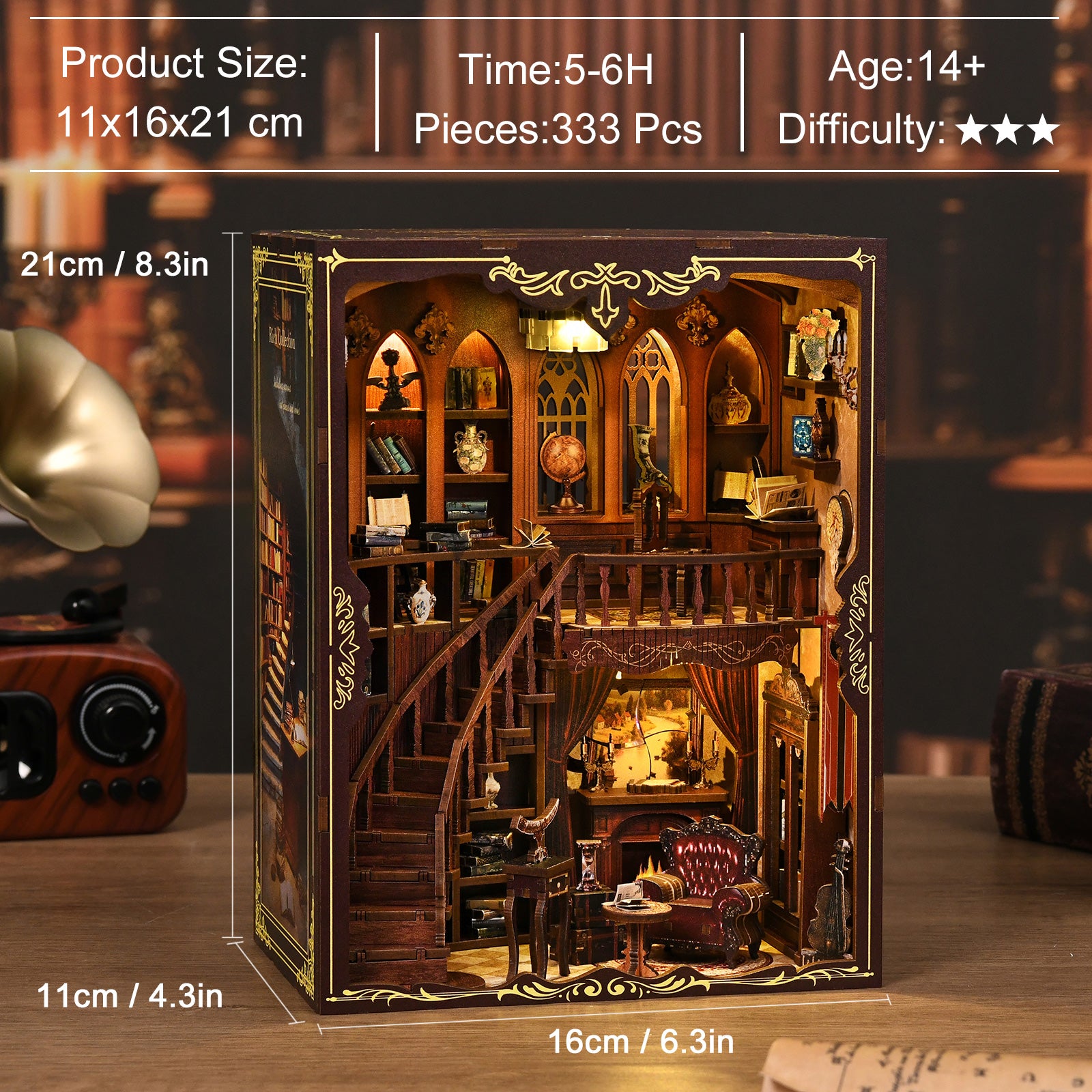 Kit DIY Book Nook Ancient Rhyme Library : bibliothèque miniature illuminée avec fauteuil rouge et étagères de livres.