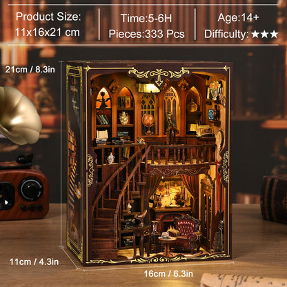 Kit DIY Book Nook Ancient Rhyme Library : bibliothèque miniature illuminée avec fauteuil rouge et étagères de livres.