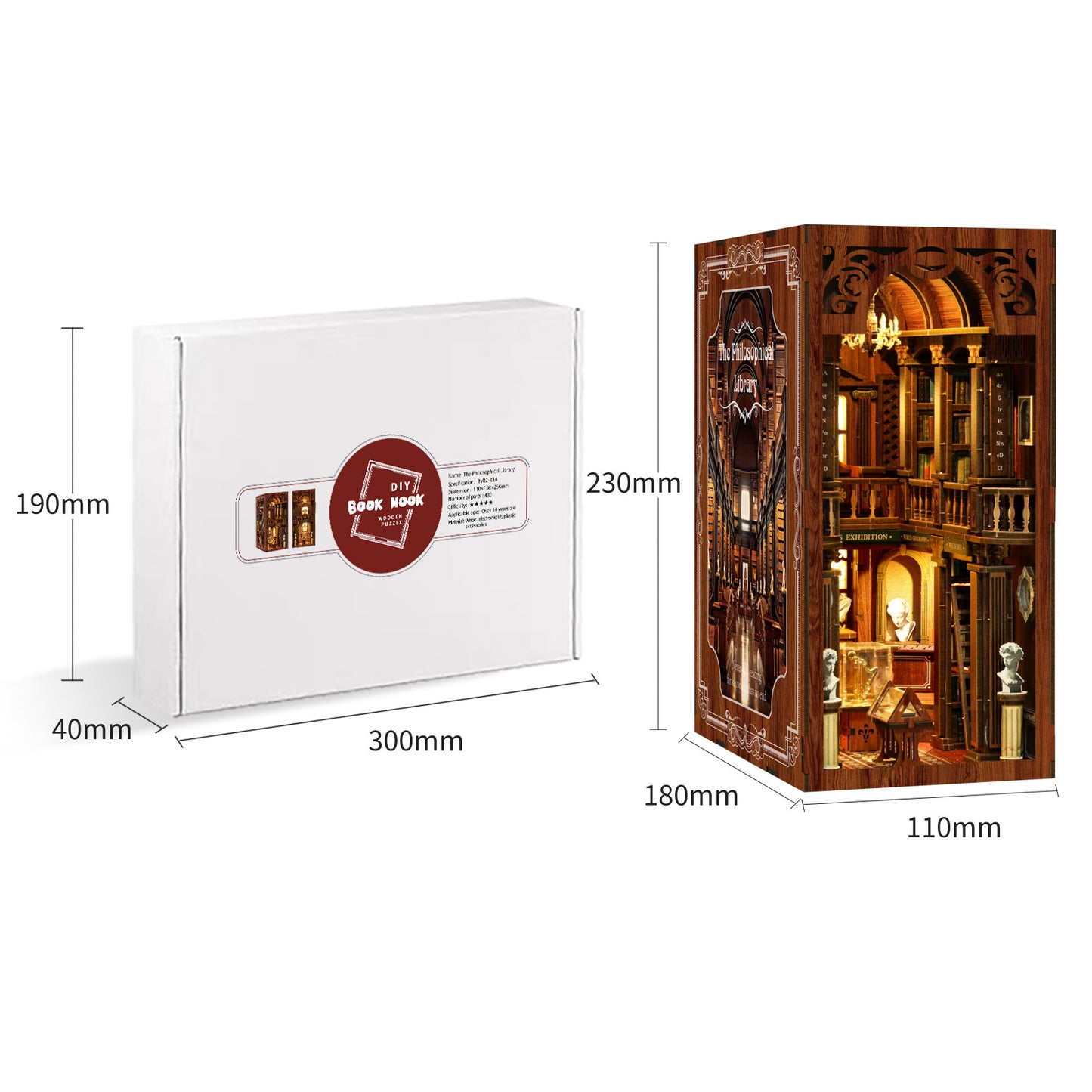 Kit Book Nook "The Philosophical Library" : serre-livres décoratif miniature en bois avec éclairage LED, bustes de philosophes et décor de bibliothèque classique.