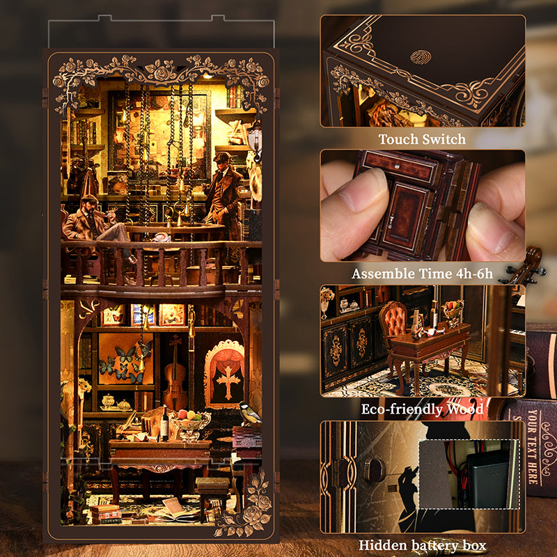 Vue latérale d'un Book Nook miniature "Mystery Case" en bois avec éclairage LED tactile, décor de cabinet de détective vintage et mécanisme à clé secrète.