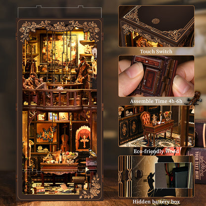 Vue latérale d'un Book Nook miniature "Mystery Case" en bois avec éclairage LED tactile, décor de cabinet de détective vintage et mécanisme à clé secrète.