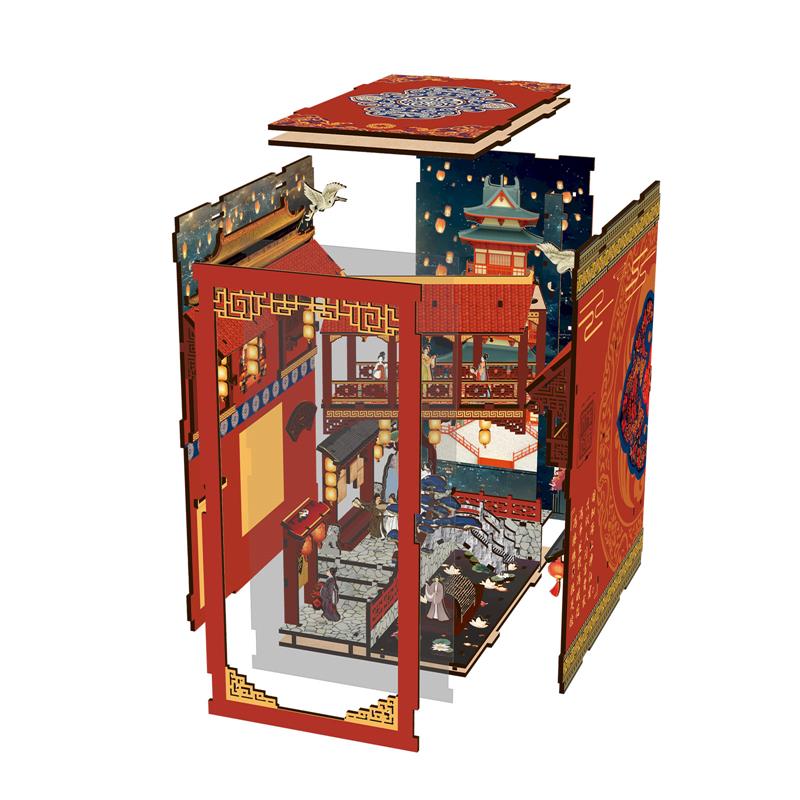 Vue éclatée des pièces d'un kit Book Nook DIY en bois, montrant l'assemblage des panneaux décorés pour créer un serre-livres miniature chinois.