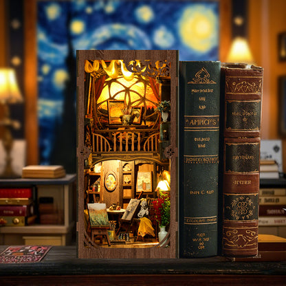Serre-livres Book Nook miniature en bois "A World Within the Frame" inspiré de Van Gogh, avec éclairage LED, chevalets de peinture et décor d'atelier d'artiste.