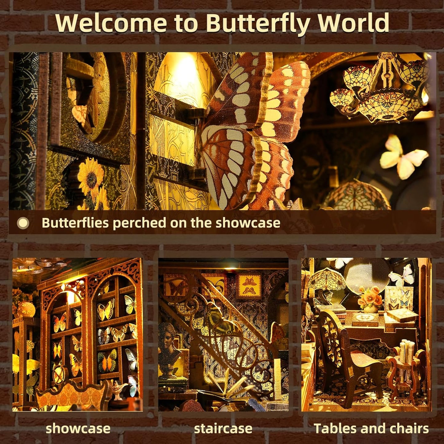 Infographie présentant 'Butterfly World', une maquette miniature détaillée comprenant une vitrine de papillons, un escalier sculpté et un coin bureau avec table et chaise de style vintage.