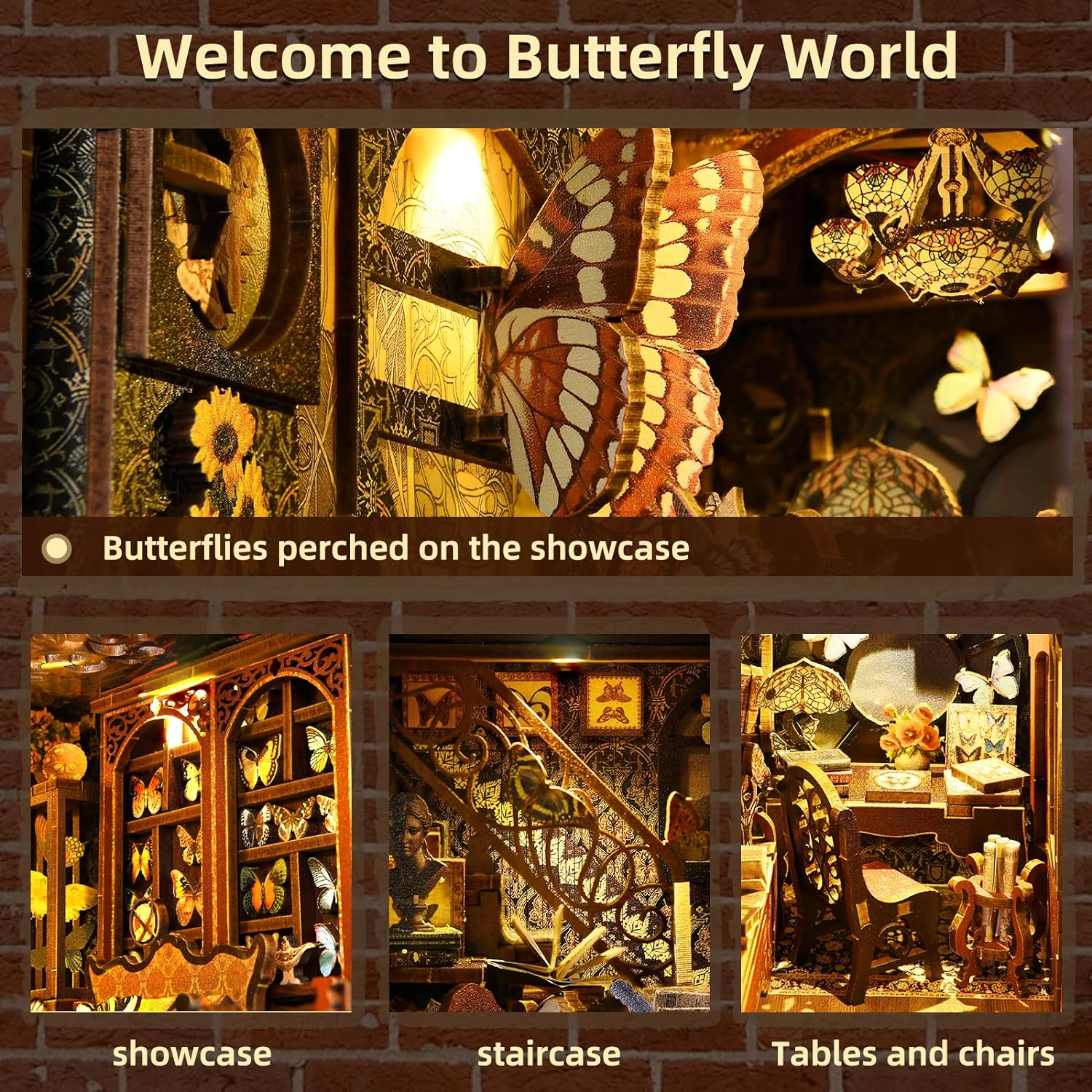 Infographie présentant 'Butterfly World', une maquette miniature détaillée comprenant une vitrine de papillons, un escalier sculpté et un coin bureau avec table et chaise de style vintage.