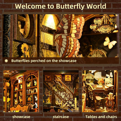 Infographie présentant 'Butterfly World', une maquette miniature détaillée comprenant une vitrine de papillons, un escalier sculpté et un coin bureau avec table et chaise de style vintage.