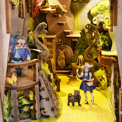 Détails du Book Nook Magicien d'Oz : figurines miniatures de Dorothy, Toto et le Magicien sur le chemin de briques jaunes, kit DIY en bois.