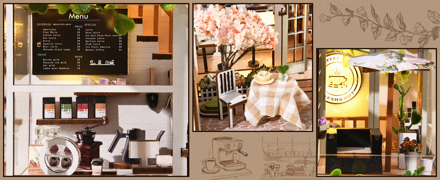 Image promotionnelle d'un serre-livres miniature (book nook) montrant l'installation d'un panneau de protection transparent. Une main insère la plaque en acrylique par une fente située sur le dessus de la maquette, qui représente une forêt fantastique illuminée. Une bulle de zoom en haut à gauche illustre l'utilisation de pincettes pour décoller le film protecteur du plastique. Le texte en haut indique : « Extra Dust Cover - Makes cleaning and protecting a breeze ».